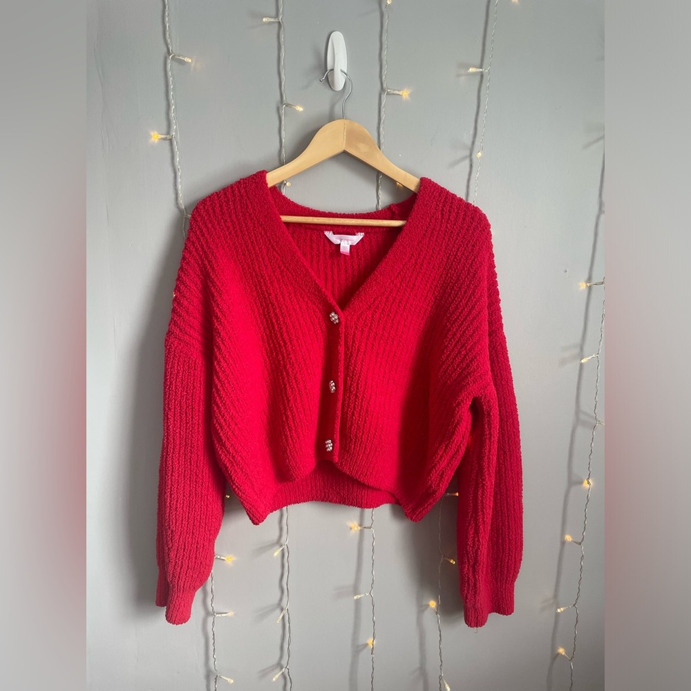 Red V-Neck Button-Up Women Sweater